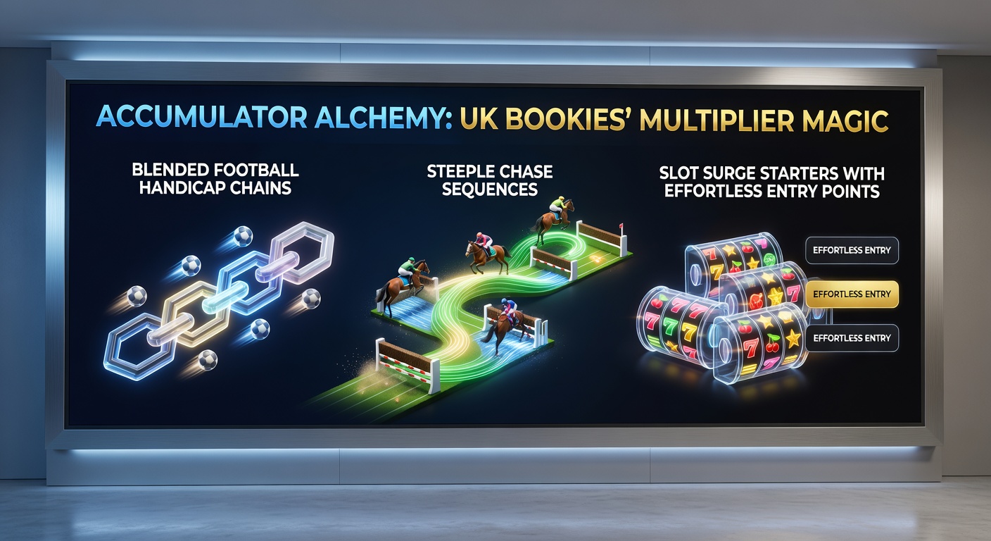 Vibrant display of a digital betting slip showing blended accumulator legs from football handicaps, steeplechase races, and slot game triggers on a UK bookmaker platform