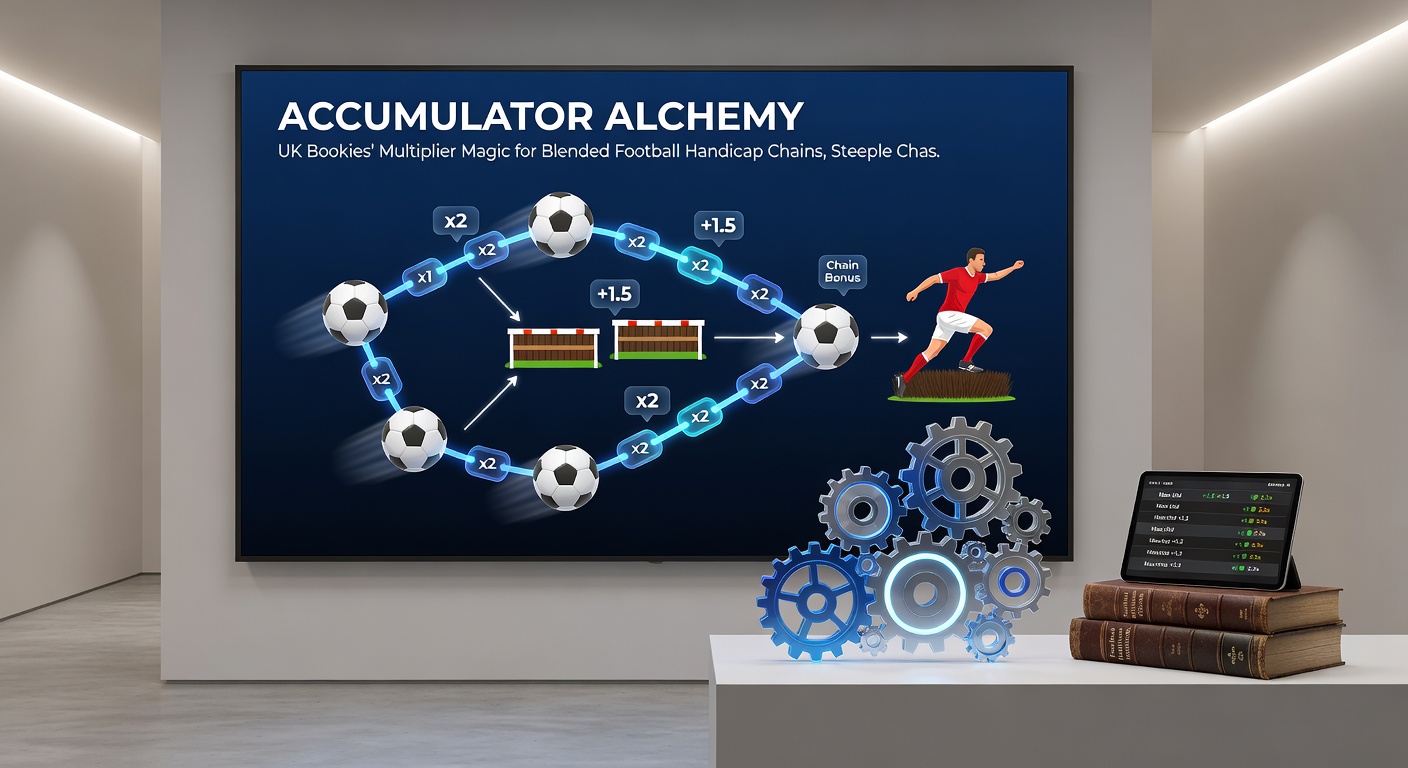 Close-up of a steeplechase horse mid-jump integrated into a digital accumulator interface alongside football odds and slot reels on a UK betting app