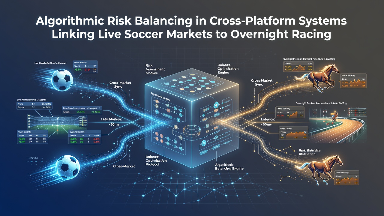 Algorithm dashboard displaying risk metrics across soccer, racing, and casino segments with live balancing indicators