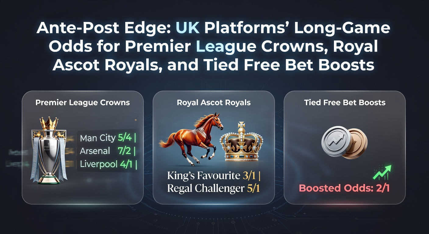 UK betting platforms showcasing ante-post markets for Premier League title contenders and Royal Ascot favorites, with overlaid free bet promotions