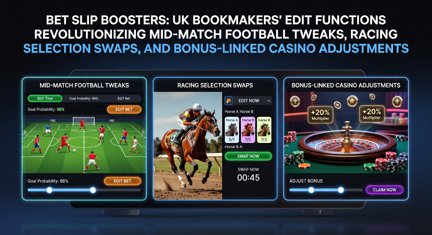 A dynamic digital bet slip on a mobile screen showing mid-match football edits alongside horse racing swaps and casino bonus links, highlighting UK bookmakers' innovative tools