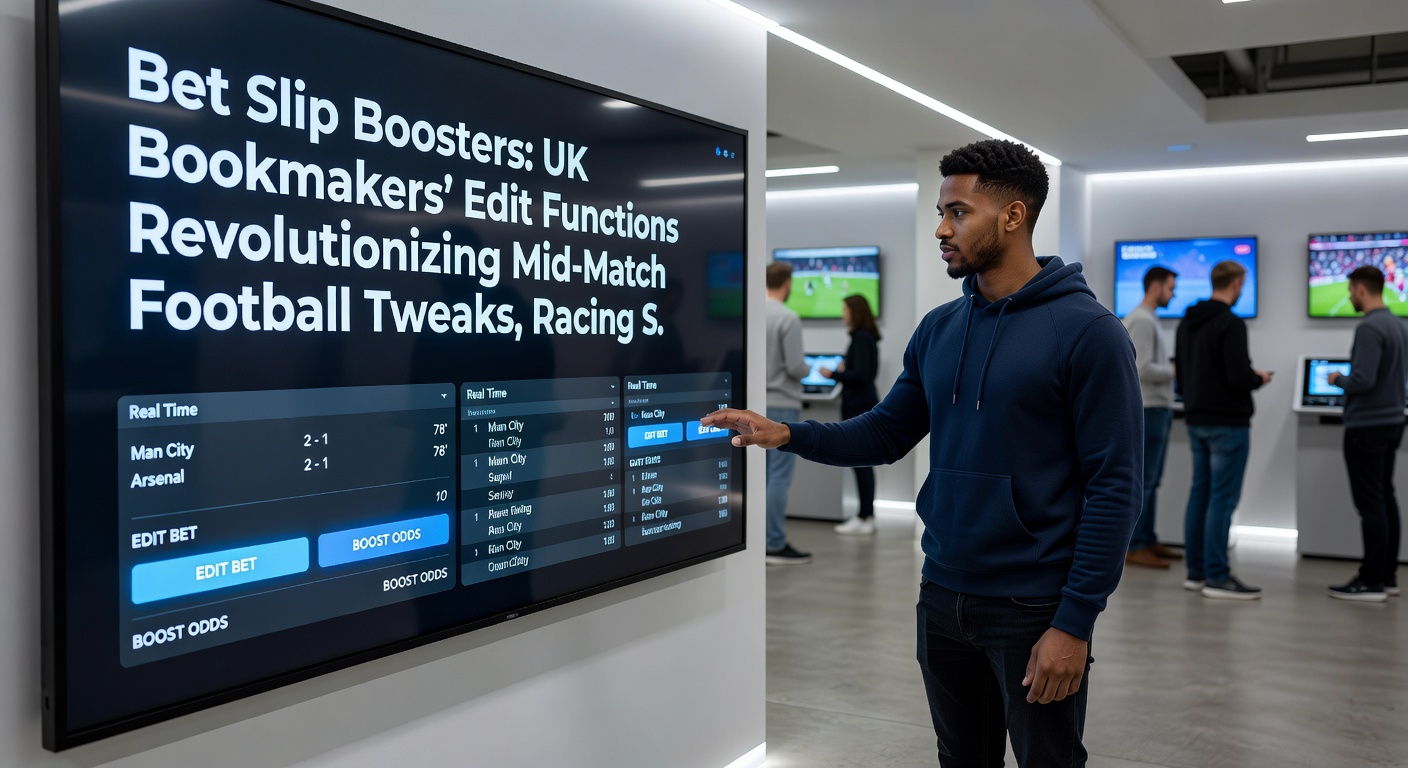 Close-up of a bet slip editor interface on a UK bookmaker app, displaying a swapped horse racing selection mid-event with linked casino bonus adjustments and real-time odds updates