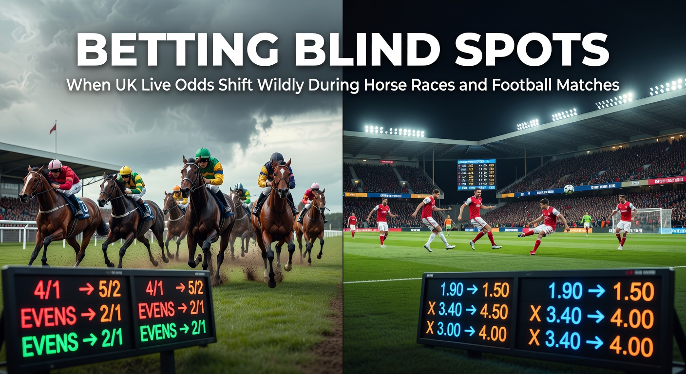 A dynamic scene from a UK horse race where horses thunder down the track, odds boards flickering in the background amid cheering crowds