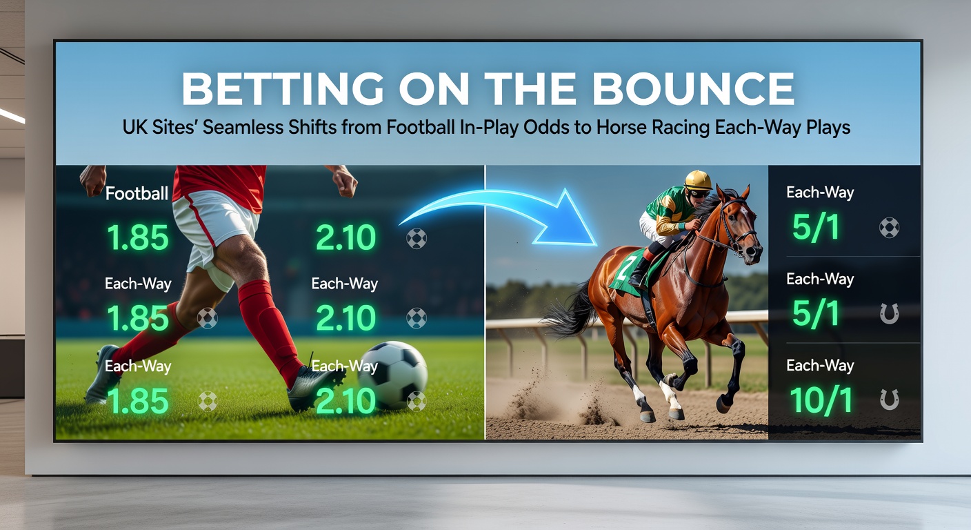 A dynamic split-screen view showing live football in-play odds on one side and horse racing each-way markets on the other, highlighting seamless transitions on a UK betting app