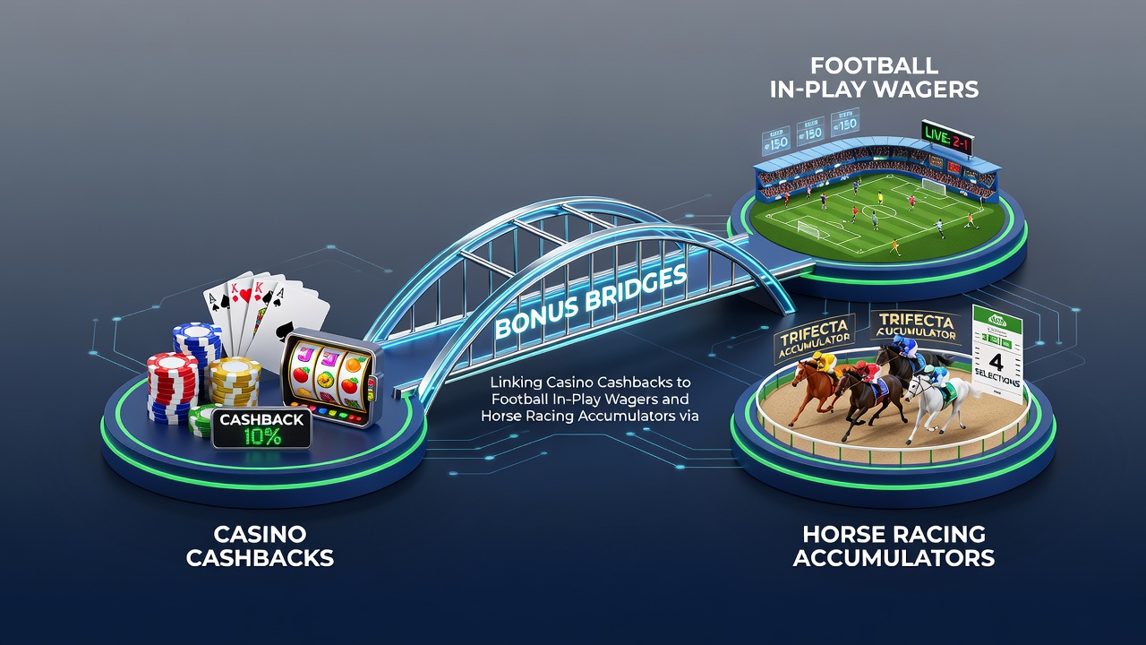Smartphone screen displaying horse racing accumulator bet funded by casino cashback via mobile wallet