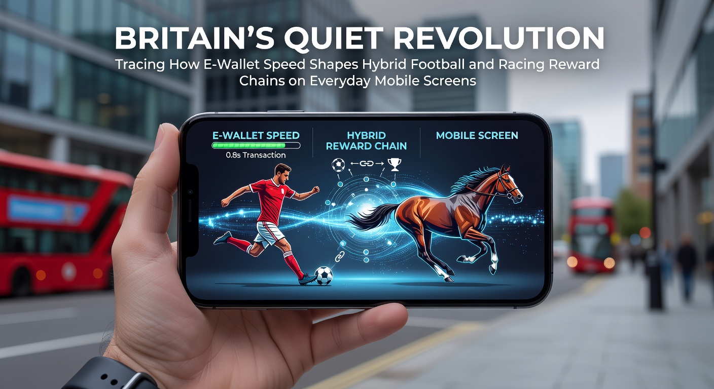 Close-up of a smartphone screen displaying a UK betting app with football and horse racing markets linked through e-wallet transactions
