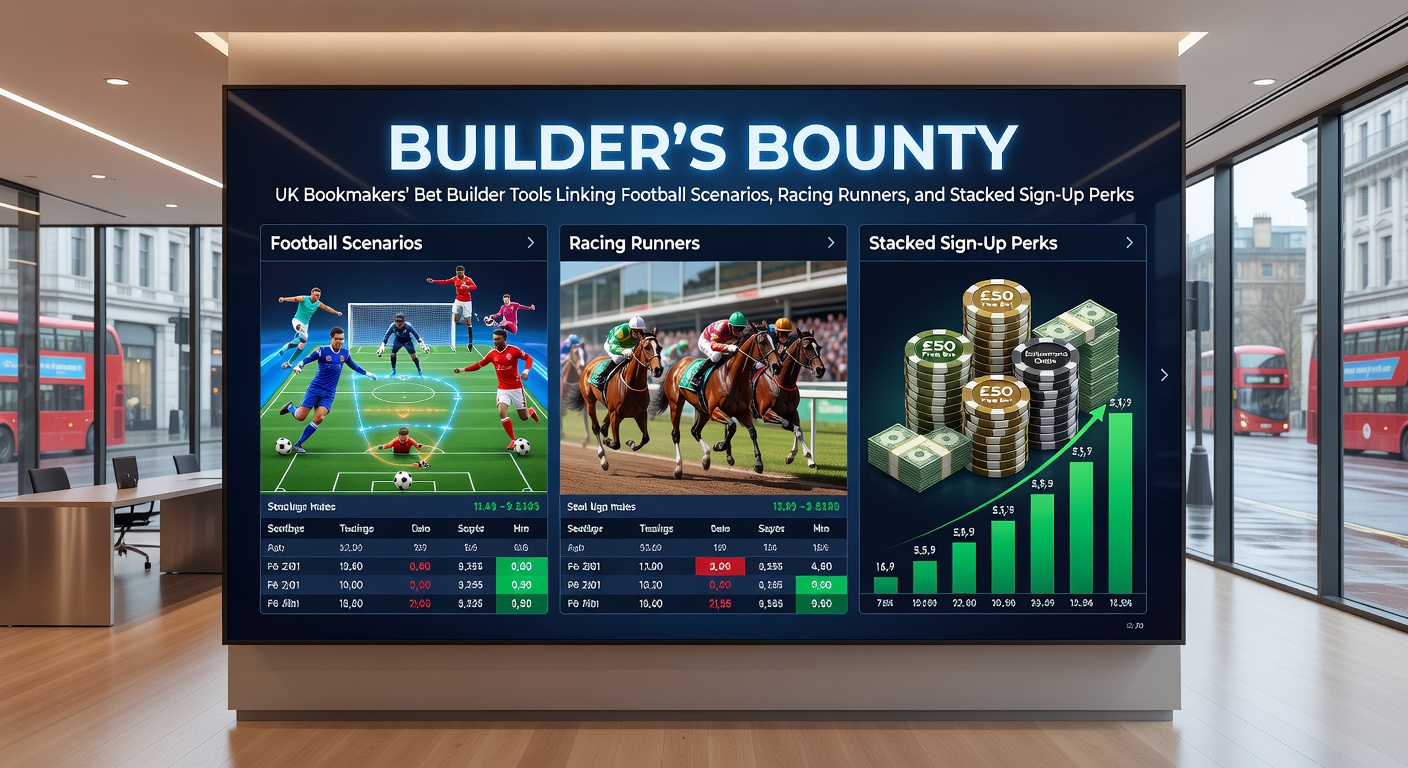 Screenshot of a UK bookmaker's Bet Builder interface showing combined football player props and horse racing runner selections with bonus overlays