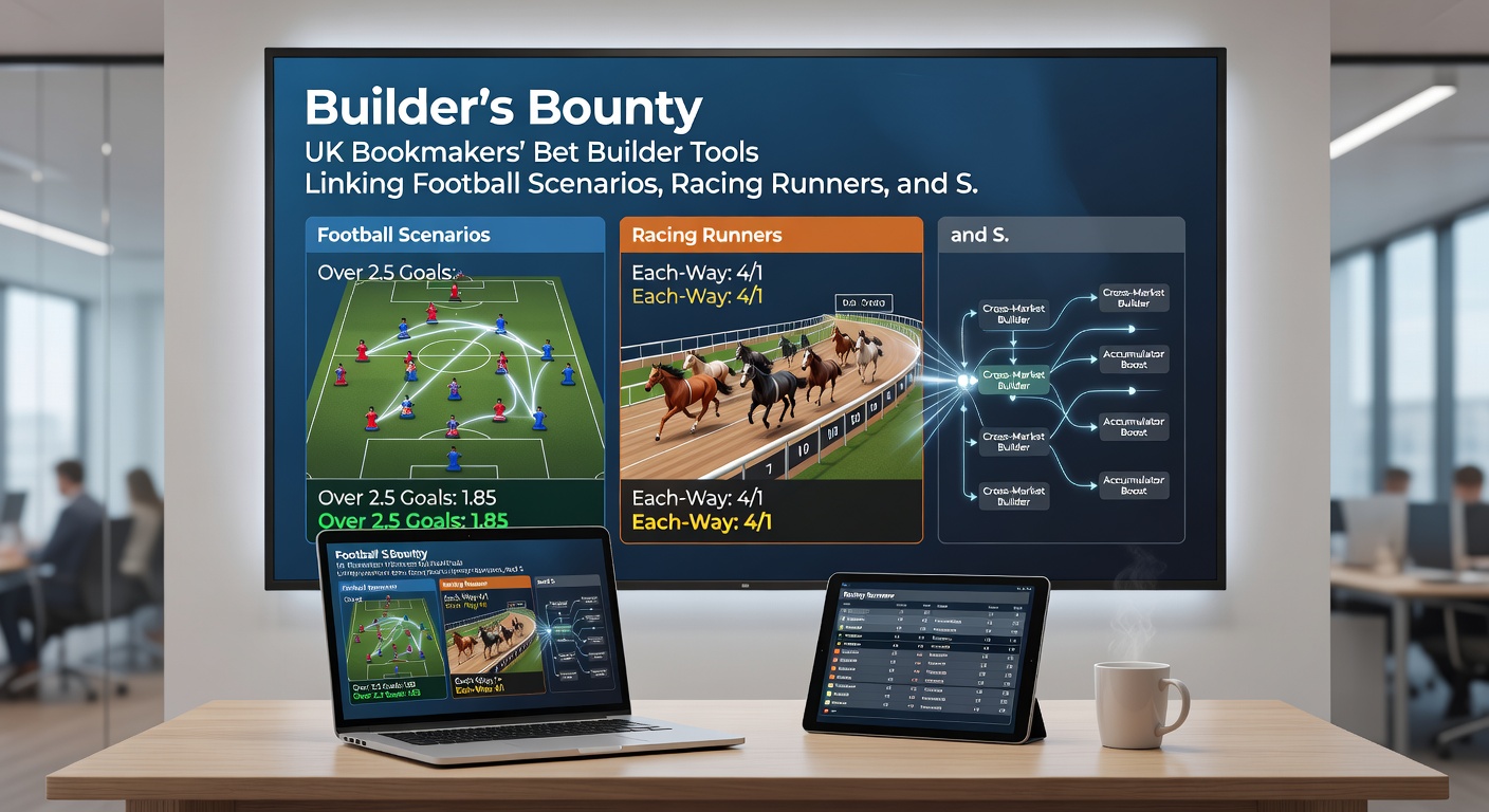 Close-up of a mobile Bet Builder screen displaying stacked sign-up bonus options alongside football over/under bets and a selected horse racing runner