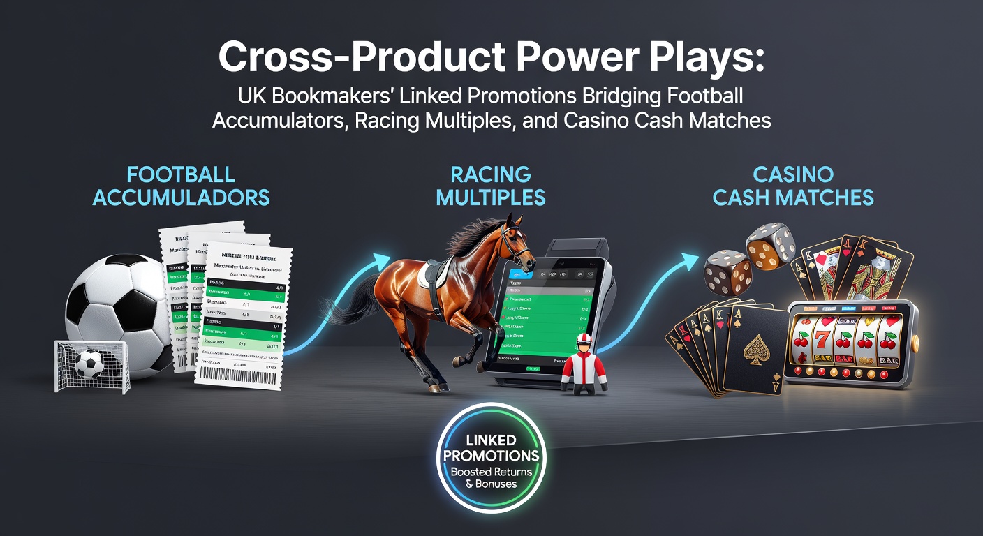 UK bookmaker promotions linking football accumulators with horse racing multiples and casino cash matches, showing intertwined betting slips and casino chips