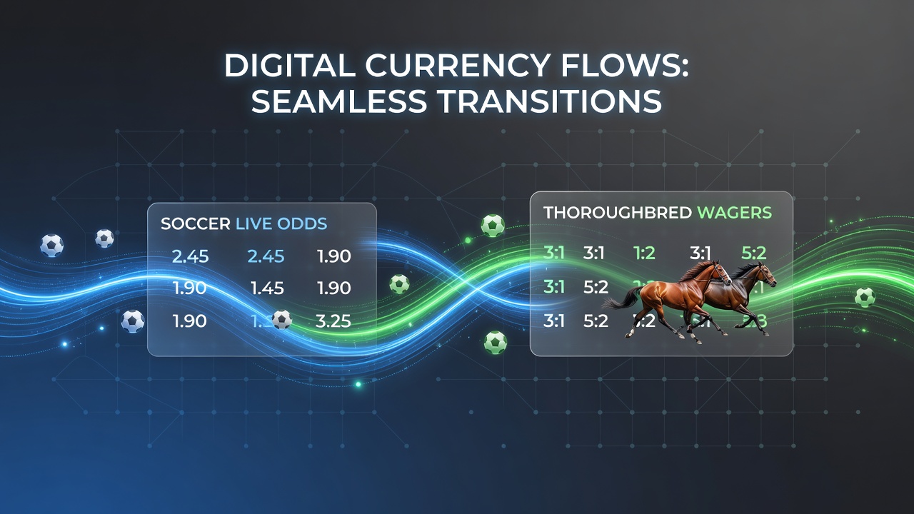 Close-up of mobile screen displaying real-time balance updates across football, racing, and slots sections powered by digital currency