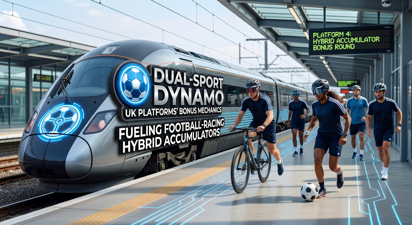 Vibrant digital display showing intertwined football pitches and horse racing tracks with glowing accumulator odds and bonus icons overlayed on a UK betting app interface