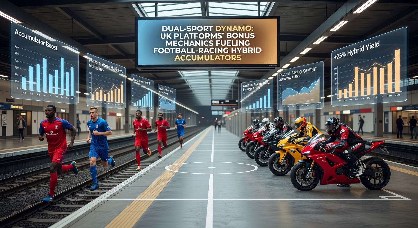 Close-up of a mobile betting screen displaying a hybrid accumulator bet slip with football match odds merged alongside horse racing entries, bonus multipliers highlighted in green, and a ticking payout calculator