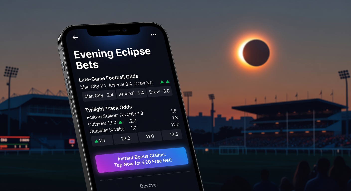 Mobile screen showing live late-game football odds during an evening Premier League match, with twilight horse racing odds visible in the background on a UK betting app
