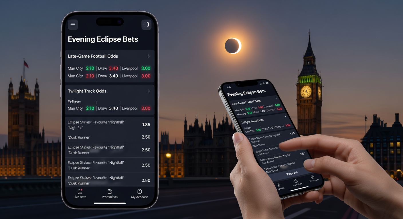 Twilight horse racing at a UK floodlit track like Wolverhampton, with overlaid mobile app interface showing live odds and instant bonus claim button