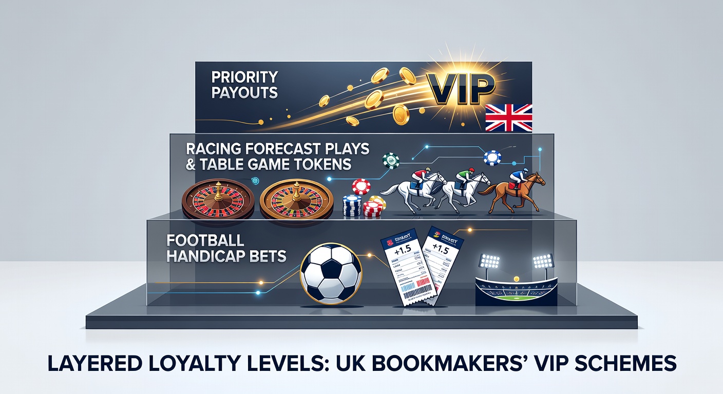 UK bookmaker VIP lounge interface showing tiered loyalty badges for football handicaps, horse racing forecasts, and casino table game rewards with priority payout icons