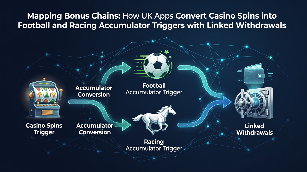 UK betting app interface showing casino spin bonuses linking to football and racing accumulator options with withdrawal paths