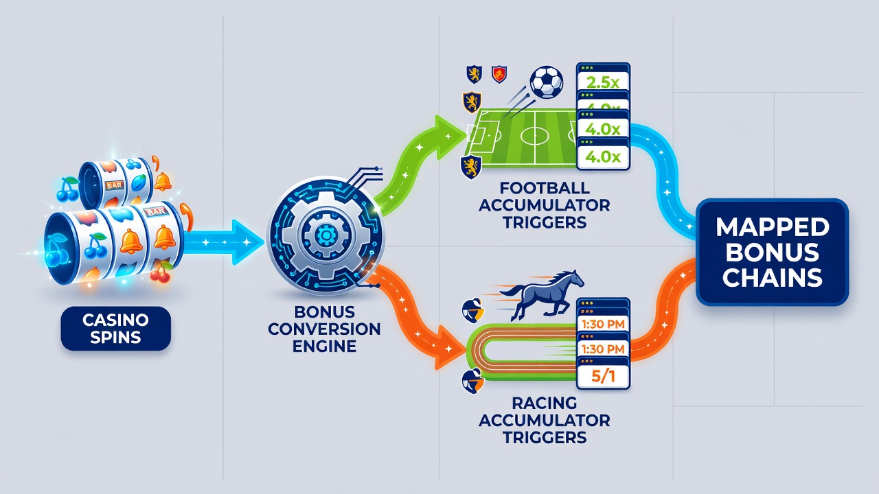 Flow diagram of bonus conversion from casino spins to accumulator triggers and connected withdrawals on UK apps