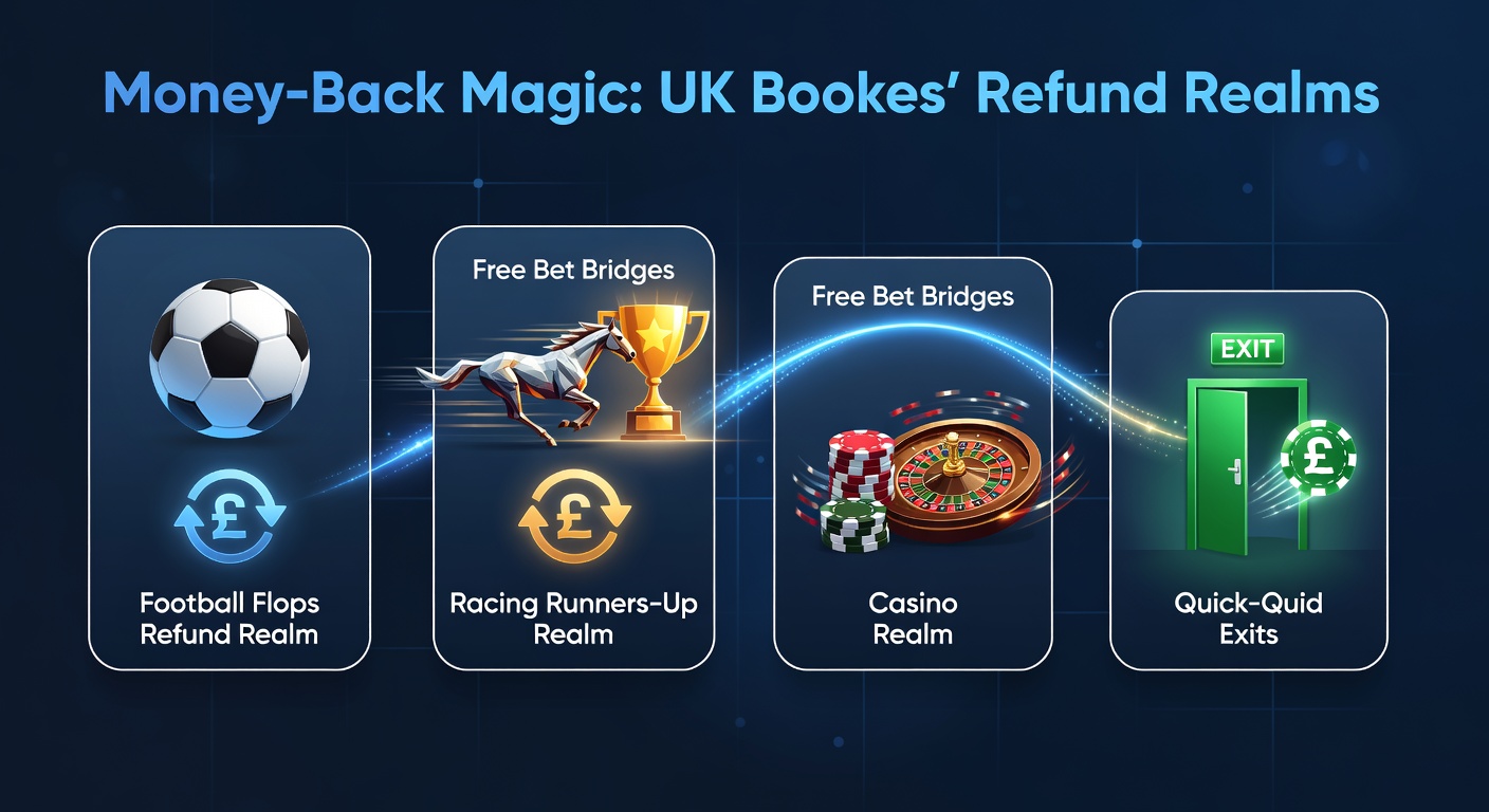 UK bookmaker promotions displaying money-back offers for football losses and horse racing near-misses, featuring free bet icons and quick withdrawal buttons on a mobile screen