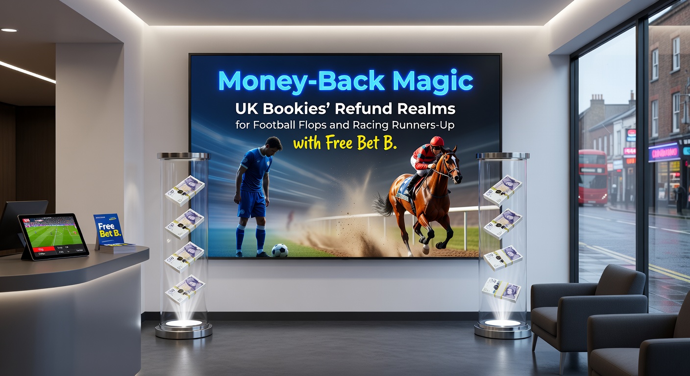 Close-up of a horse racing results screen showing a runner-up payout as a free bet, alongside football scoreline triggering a money-back refund on a bookmaker app