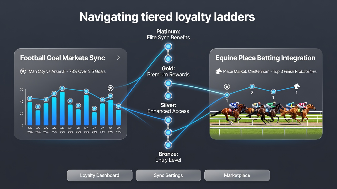 Mobile screen displaying tier progression bar linking football goal bets, horse racing places, and casino reel bonuses under one verified account