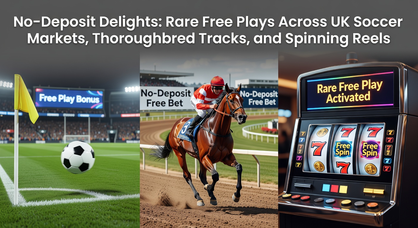 Vibrant display of UK soccer pitch, horse racing track, and slot machine reels highlighting no-deposit free play promotions