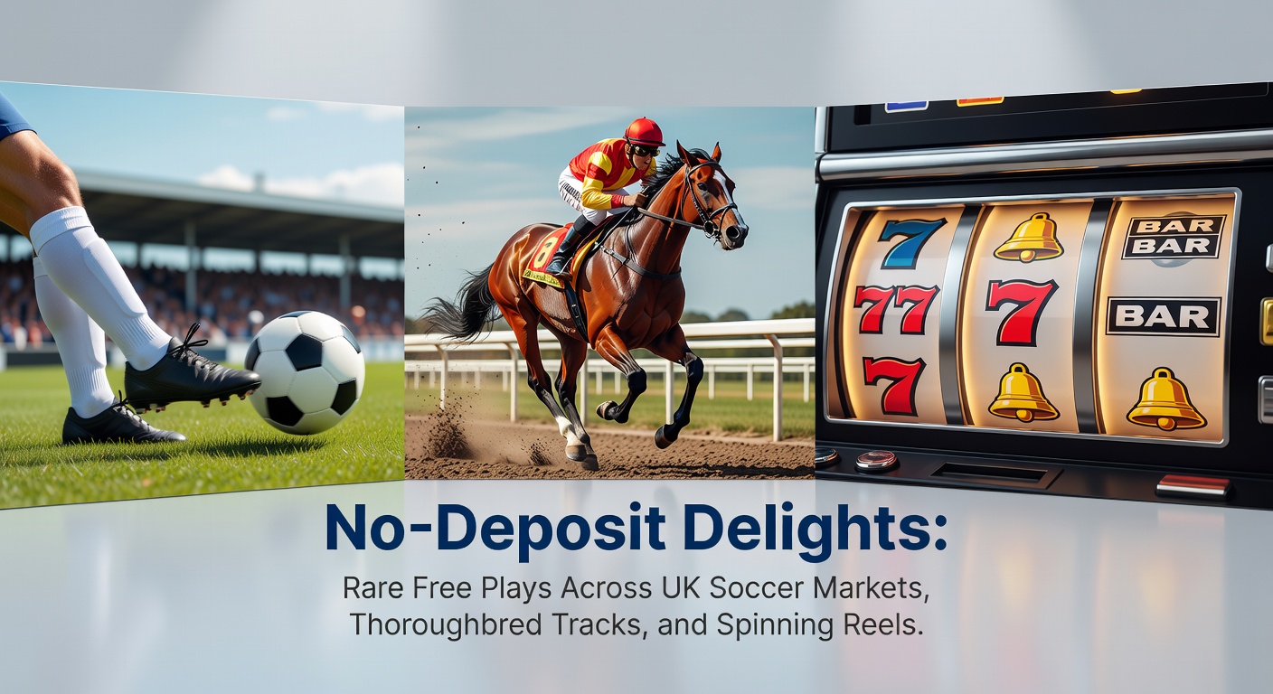 Dynamic scene of galloping thoroughbred horses on a UK racecourse with overlaid no-deposit free bet icons