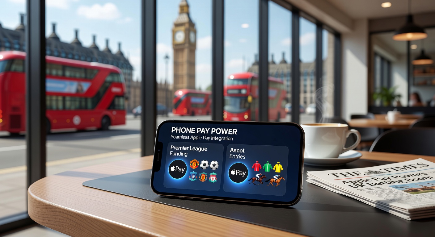 Smartphone displaying Apple Pay deposit screen on a UK betting app during a Premier League match, with Ascot race odds visible in the background