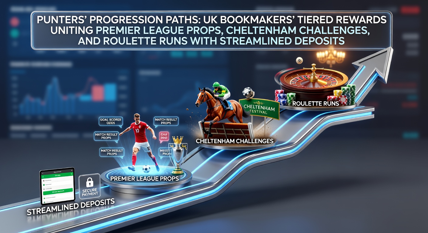 Punters climbing tiered loyalty ladders at UK bookmakers, with icons for Premier League props, Cheltenham horse racing, and roulette wheels alongside deposit arrows