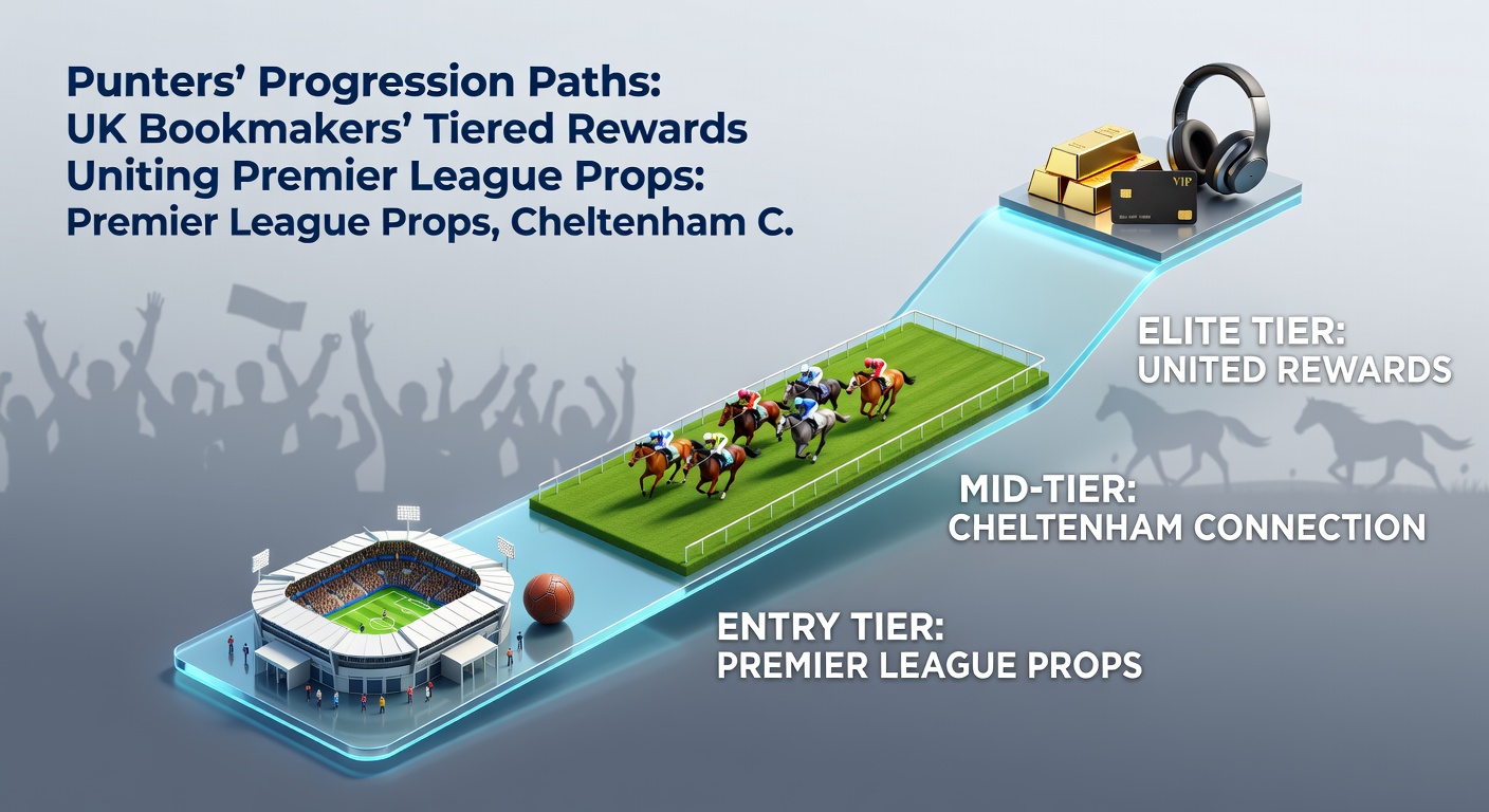 Cheltenham racecourse crowds with overlaid graphics of tier progression bars linking to Premier League balls and roulette tables