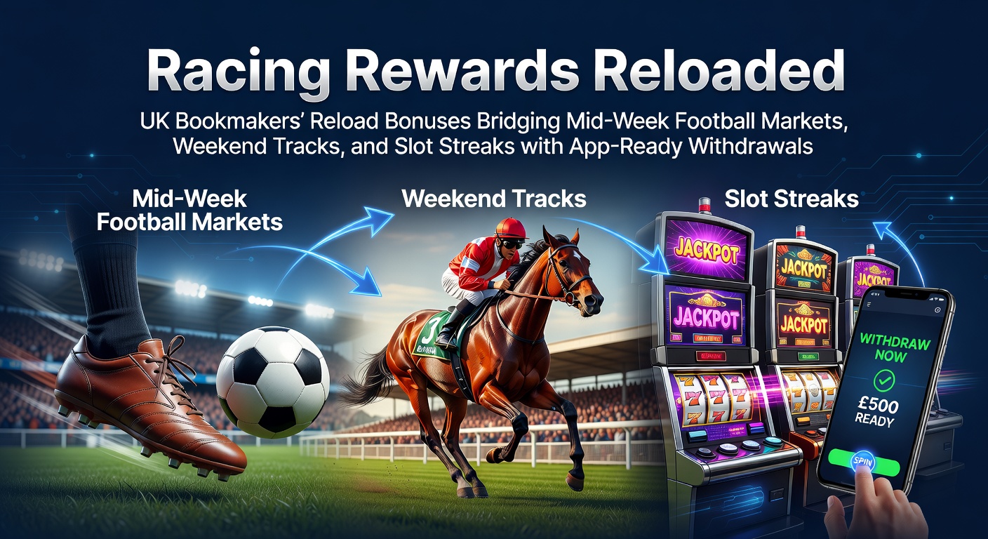 UK bookmaker app displaying reload bonus offers for football matches, horse racing events, and slot games with quick withdrawal options