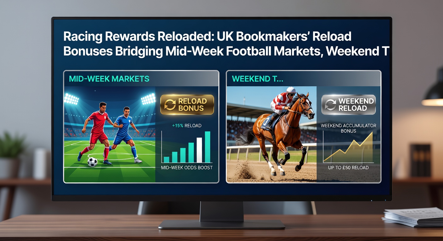 Screenshot of a mobile betting app showing reload bonus activation for horse racing bets alongside football odds and slot promotions with instant withdrawal icons