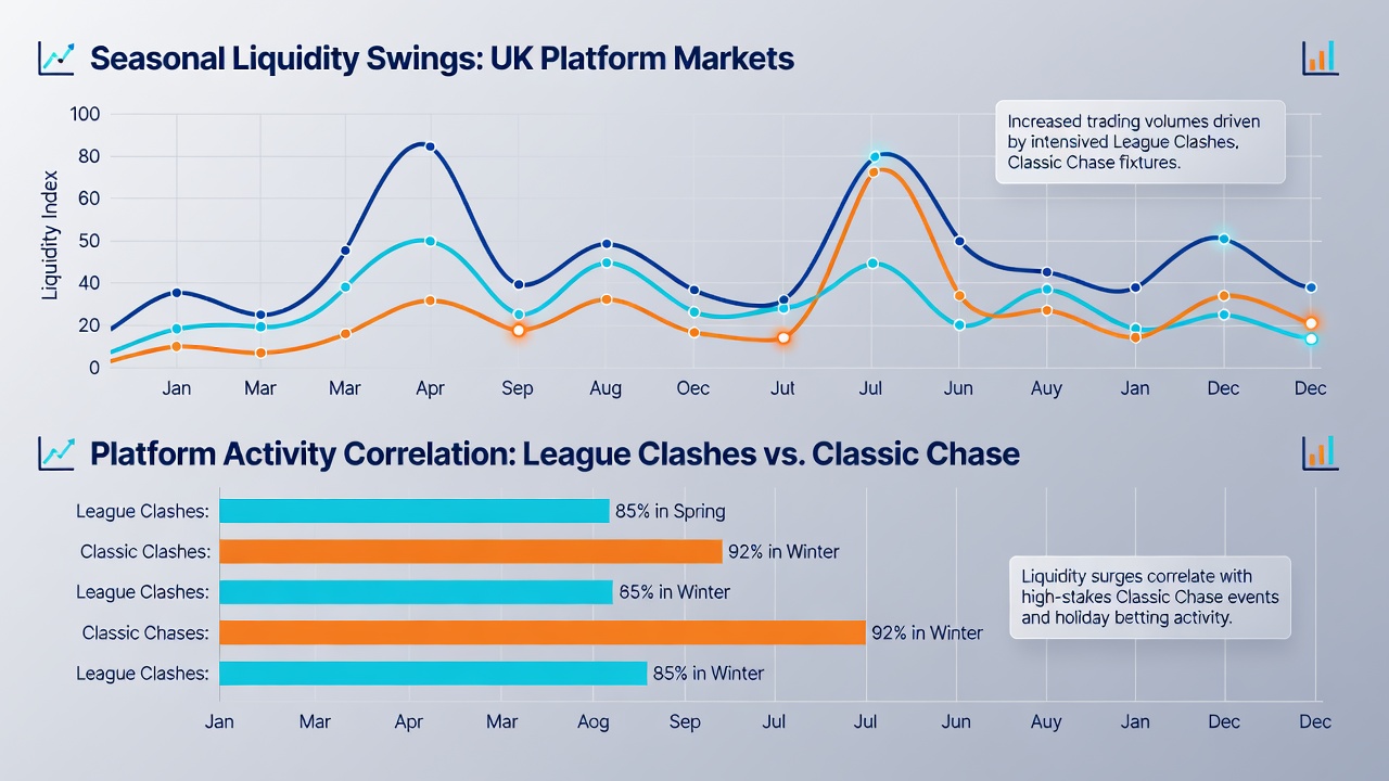 Horse racing festival crowds and digital betting interface illustrating volume surges during classic chase meetings