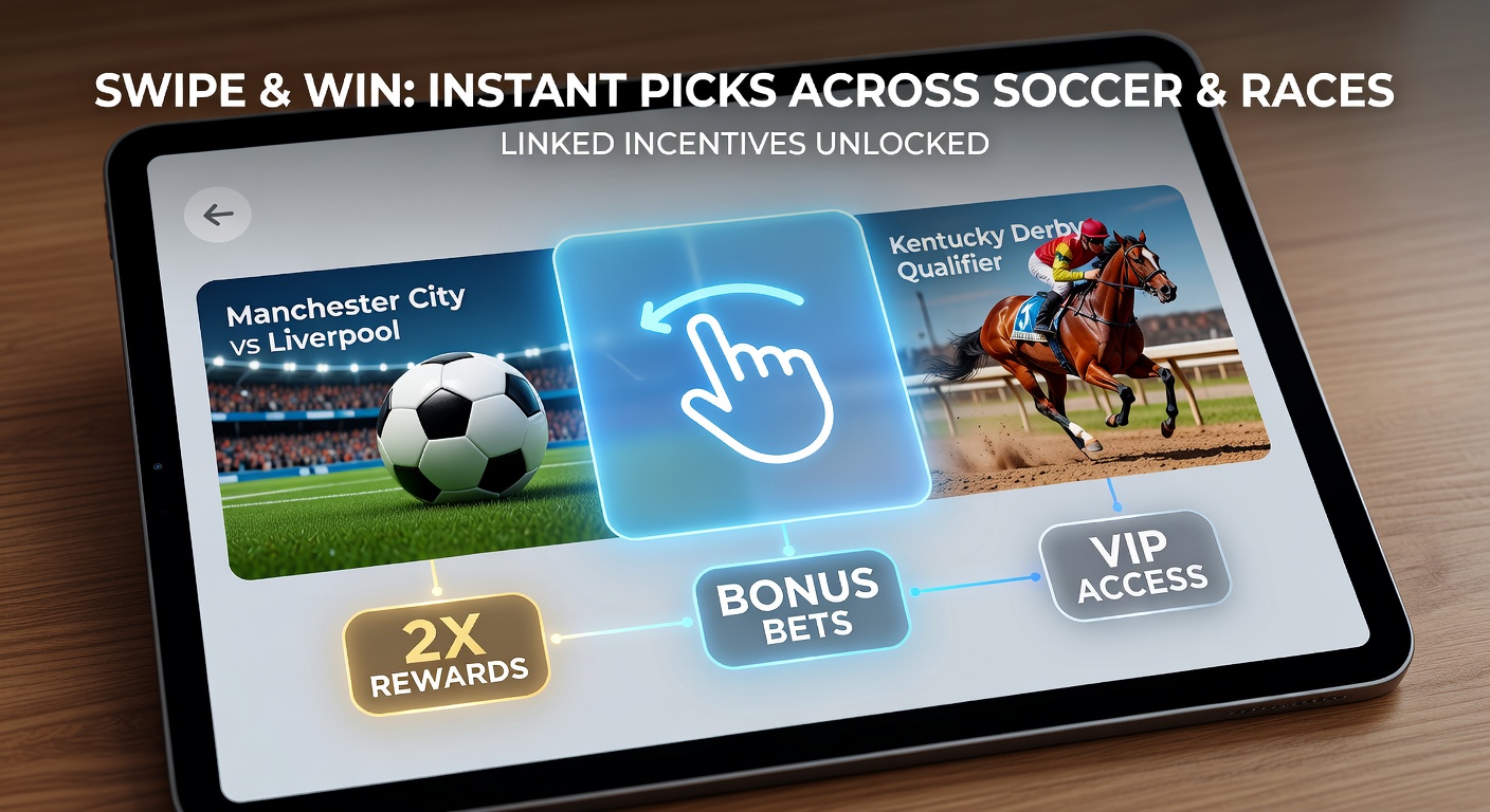 Swipe interface demonstration in a mobile betting app showing quick selection of soccer match outcomes and thoroughbred race runners