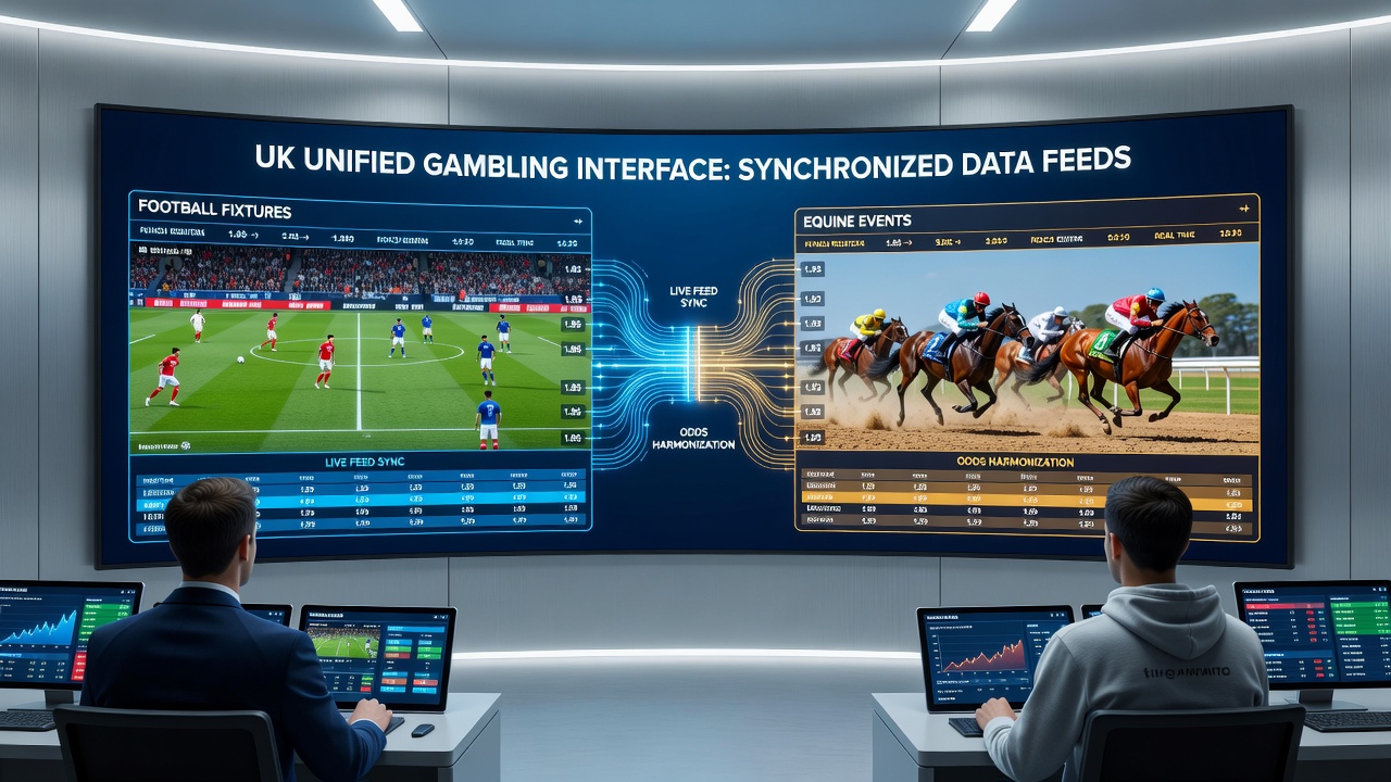 Unified UK gambling interface displaying synchronized live odds for football matches and horse racing events