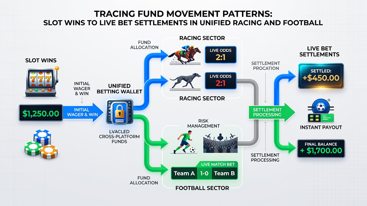 Screenshot of a unified betting app ledger displaying slot win credits moving into active racing and football positions