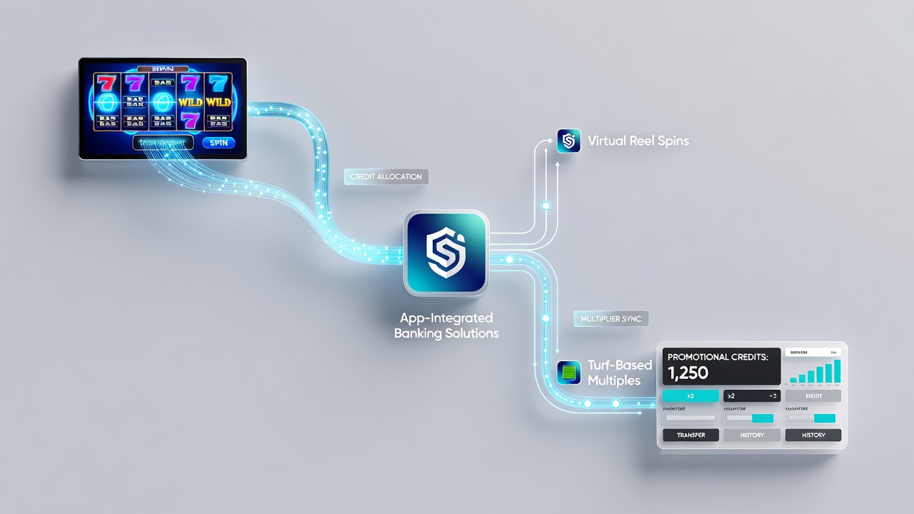 Diagram showing promotional credit transfers between virtual slot reels and horse racing multiples in a mobile betting app interface