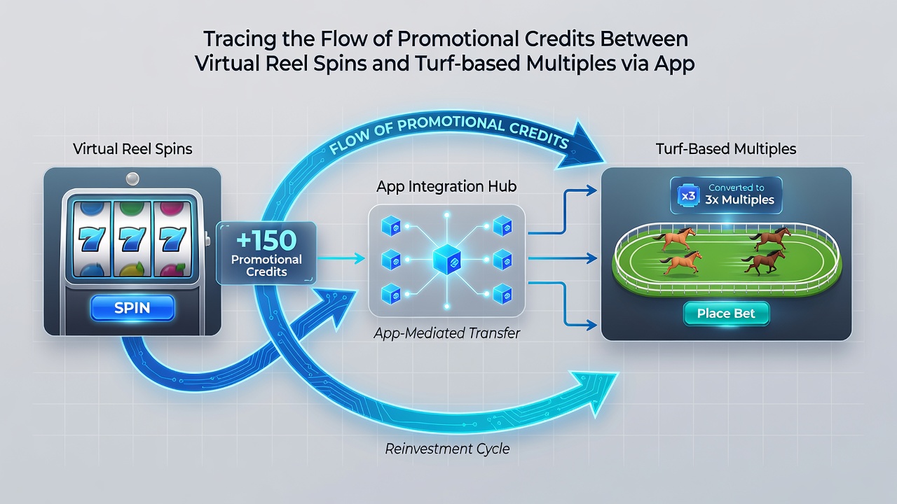 Mobile app screen capturing the transfer of promotional credits from slot spins to horse racing accumulators through banking integration