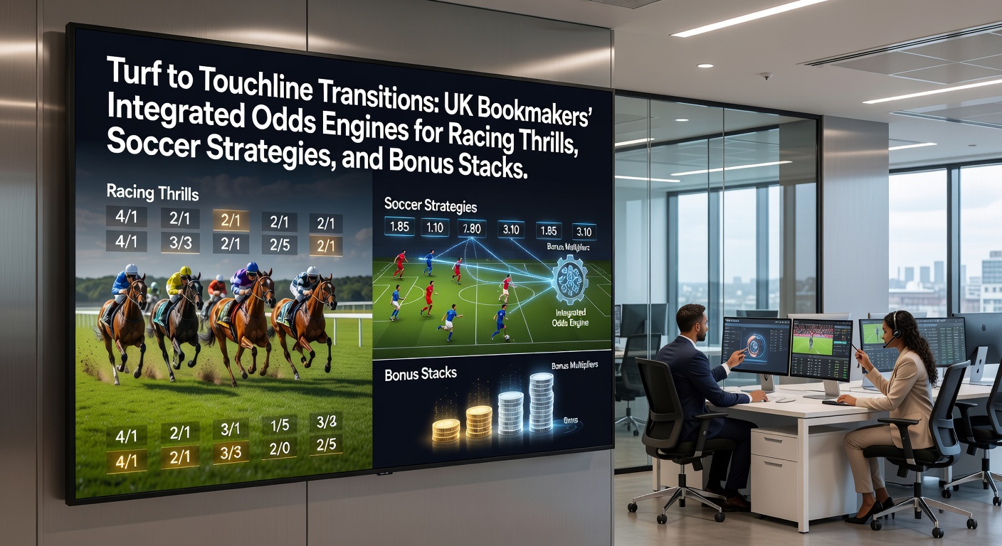 Screenshot of a UK bookmaker's integrated odds engine displaying live horse racing odds alongside soccer match strategies and bonus offers
