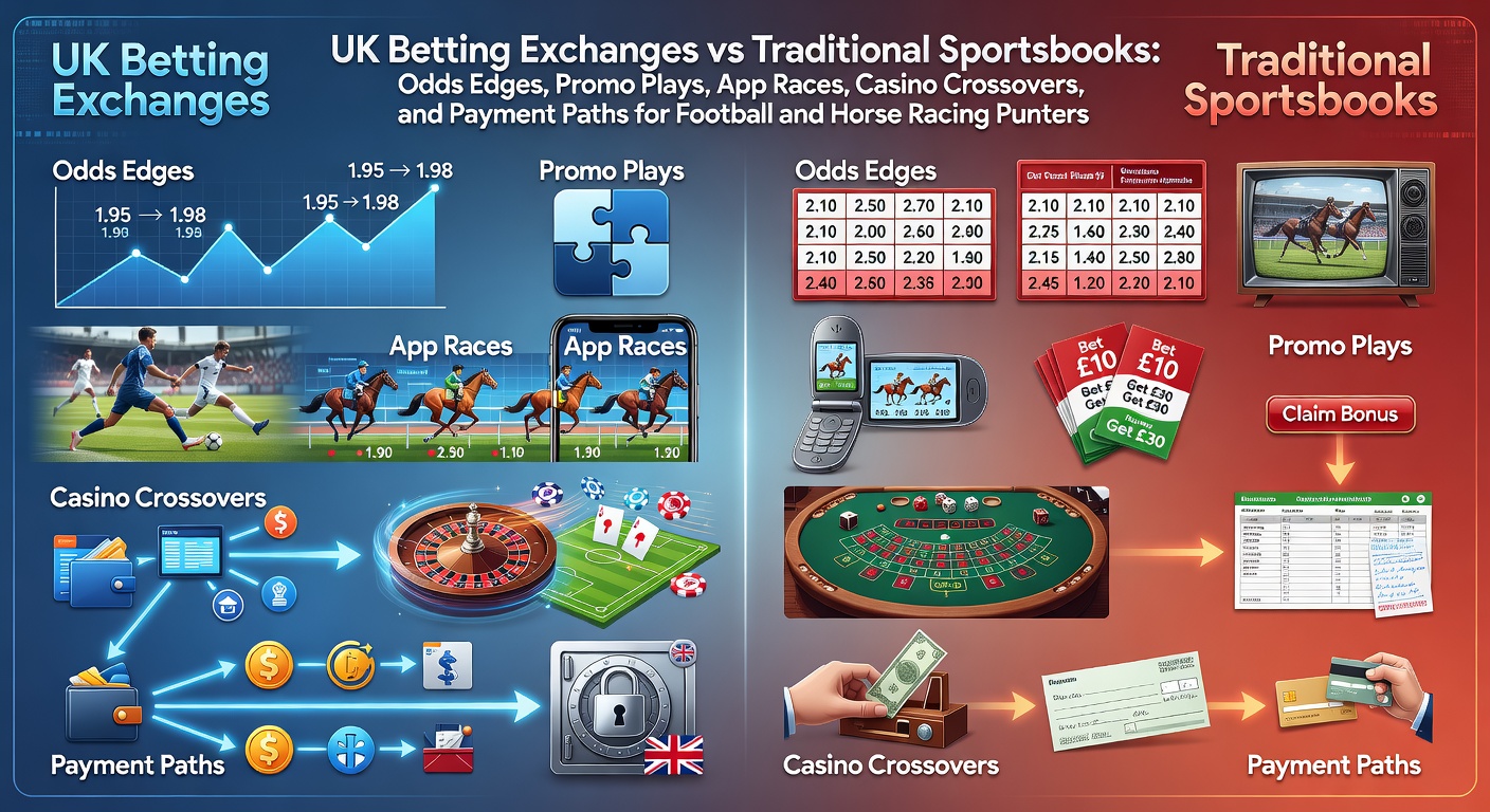 A dynamic split-screen view showing a bustling UK betting exchange interface on one side with peer-to-peer odds for Premier League football, and a traditional sportsbook app on the other displaying fixed lines for Cheltenham horse racing, highlighting the contrast in liquidity and market depth