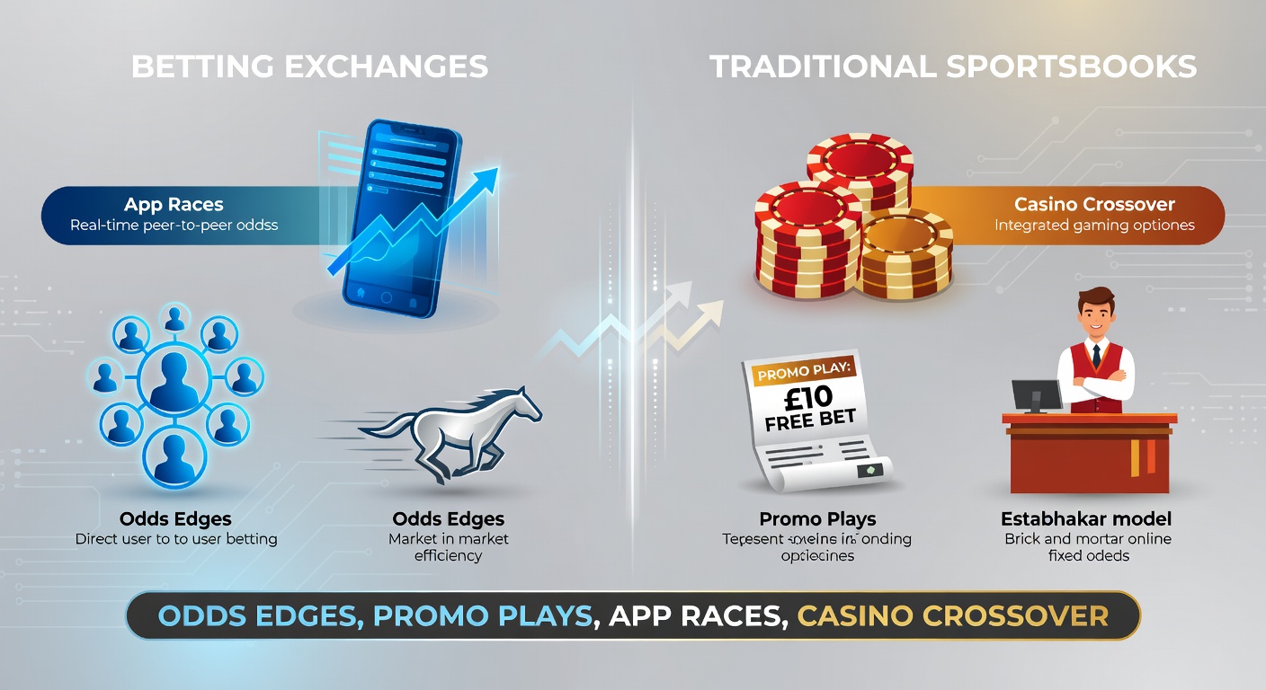 Close-up of a smartphone screen racing through a live football match on an exchange app next to a horse racing stream on a sportsbook interface, with overlaid graphs comparing real-time odds fluctuations and promo notifications popping up mid-action