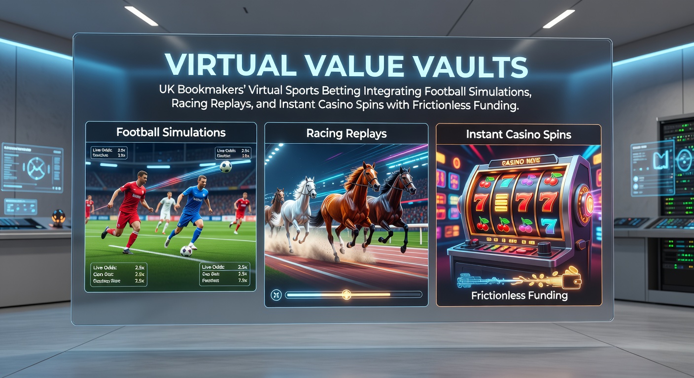 Dynamic interface of a UK bookmaker's virtual sports vault displaying simulated football matches alongside racing replays and casino spin options with instant deposit buttons