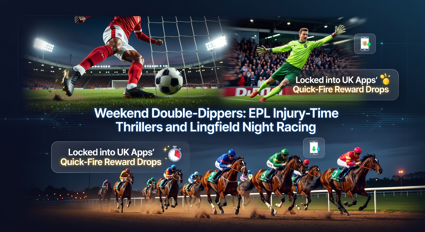 EPL players celebrating a dramatic injury-time goal under floodlights, with a Lingfield racehorse charging down the straight in the background, overlaid on a mobile betting app screen showing quick reward notifications