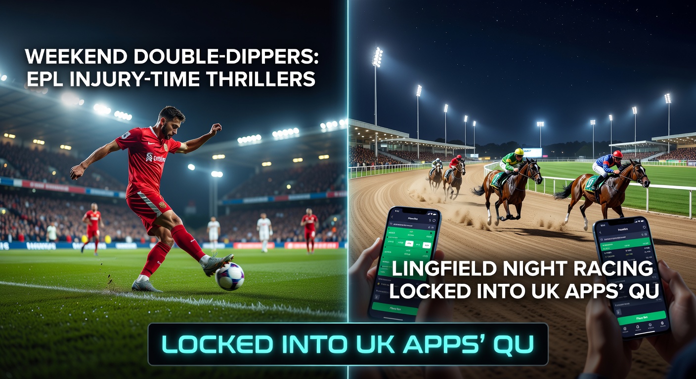 Close-up of a Lingfield night race under bright lights, jockeys urging horses in a tight finish, with EPL injury-time clock ticking down on a split-screen betting app interface showing reward pop-ups