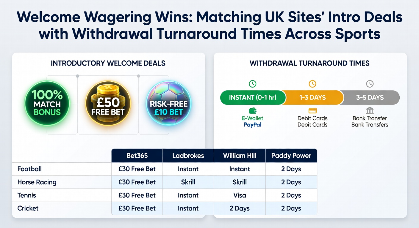 Casino welcome bonus screen on a UK site showing free spins offers next to withdrawal method icons with processing times